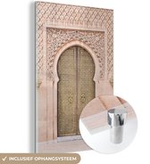 MuchoWow® Glasschilderij 80x120 cm - Schilderij acrylglas - Marokkaanse deur - Roze - Kunst - Poort - Foto op glas - Schilderijen