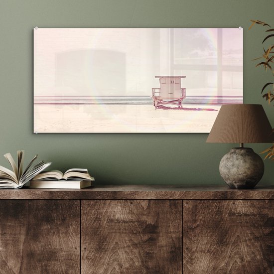 MuchoWow® Peinture sur verre 80x40 cm - Peinture sur verre acrylique - Plage - Cabane - Soleil - Mer - Été - Photo sur verre - Peintures