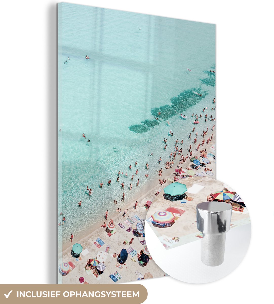 MuchoWow® Glasschilderij 60x80 cm - Schilderij acrylglas - Zee - Strand - Parasols - Blauw - Zomer - Foto op glas - Schilderijen