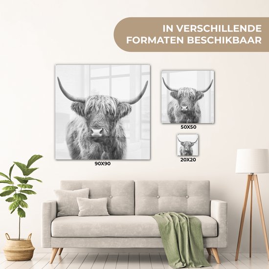 MuchoWow® Peinture sur verre 50x50 cm - Peinture sur verre - Highlander écossais - Animaux - Cornes - Zwart et blanc - Photo sur verre acrylique - Peintures