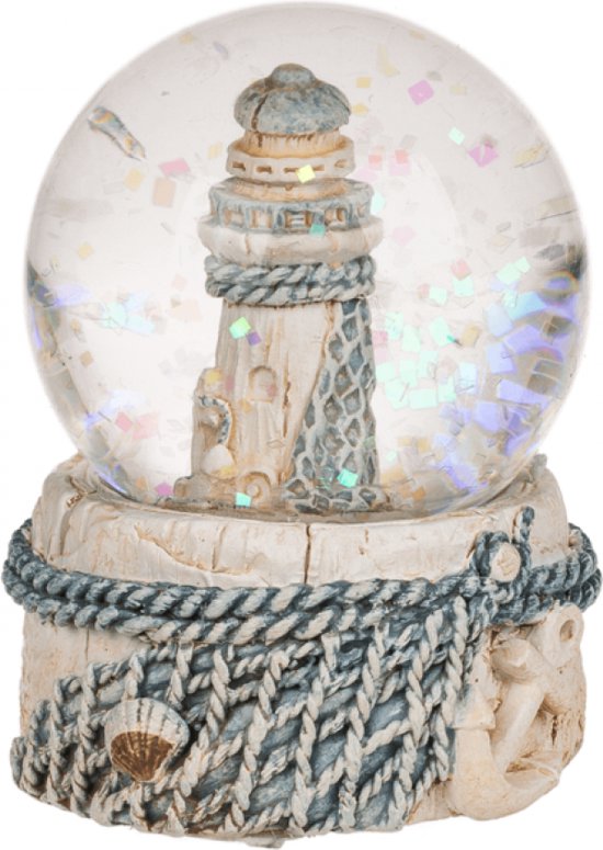 Foto: Sneeuwbol glitterbol maritiem met vuurtoren wit lichtblauw 6 x 5 cm