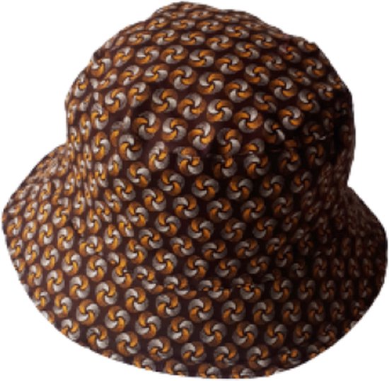 Jacqui's Arts & Designs - African design - bucket hat - vissershoed - zonnehoed - Afrikaanse stof - shweshwe - bruin - oker - reversible - omkeerbaar - Afrikaanse print