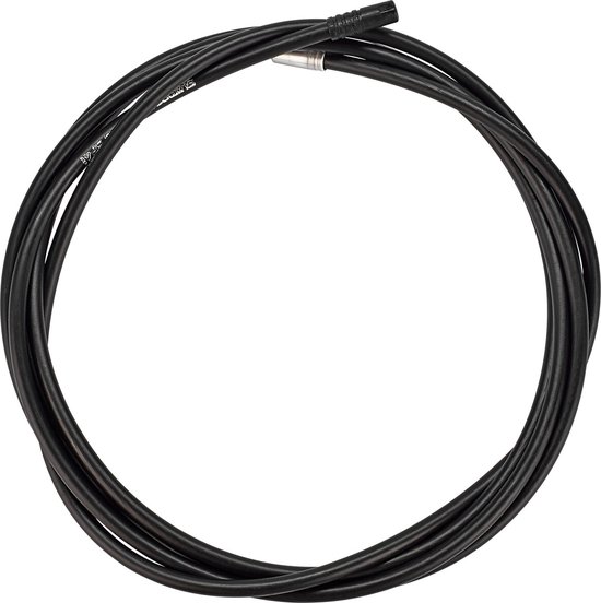 Zwarte Shimano versnellingskabel opgerold in een cirkel.