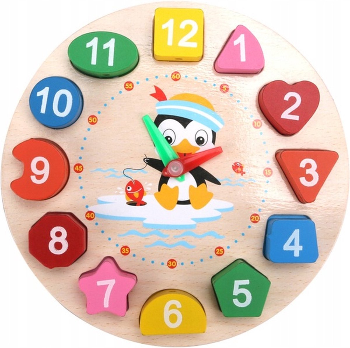 Leerklok - Pinguin - 18 cm - Houten Speelklok - Klokkijken - Oefenklok - Educatief Spel - Motoriek - Kralen Rijgen - Montessori Speelgoed - Motorisch Speelgoed - Playos