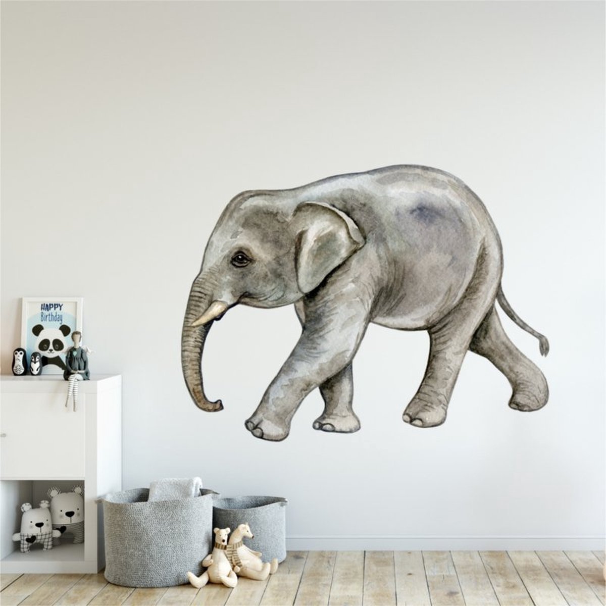Stickerkamer - Muursticker - Baby Olifant - Jungle - Kinderkamer - Babykamer - Jongenskamer - Meidenkamer - Waterverfstijl - Decoratie