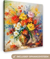 Toile Peinture Fleurs - Coloré - Peinture à l'huile - Pot de Fleurs - 90x90 cm - Décoration murale