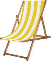 Springos Houten Ligstoel | Strandstoel | Ligstoel | Verstelbaar | Beukenhout | Handgemaakt | Geel/Wit