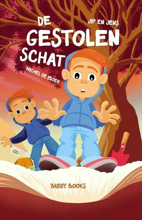 Boekcover: Jip en Jens, De gestolen schat. Twee jongens met rode haren in blauwe hoodies, met een spade ernaast.