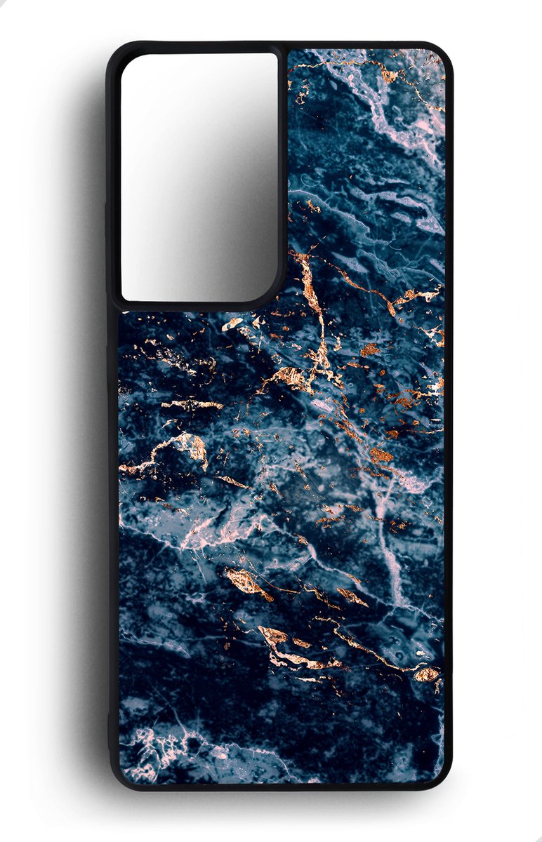 Ako Design Samsung Galaxy S21 Ultra hoesje - Marmer - blauw goud - Hoogglans - TPU Rubber telefoonhoesje - hard backcover