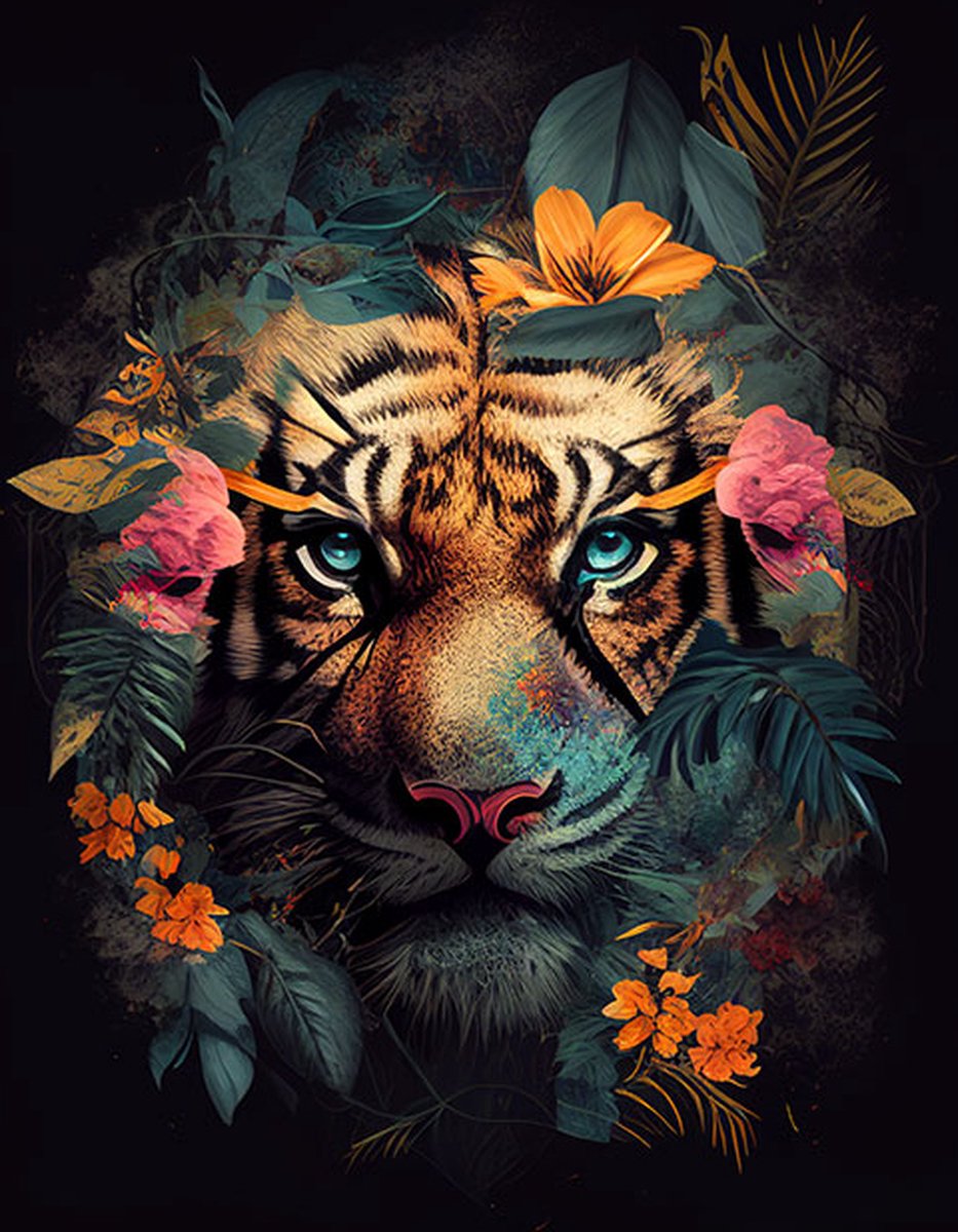AI - Woondecoratie - Poster - Dieren - Tijger - Bloemen en jungle - 10 - 30 x 40 cm