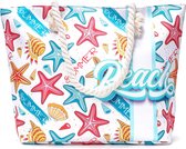 Strandtas met rits - Beach bag - Shopper - zeester - schelpen - wit - blauw - roze - geel - 50 x 36 x 12 cm