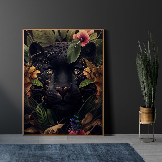 AI - Woondecoratie - Poster - Dieren - Panter - Bloemen en jungle - 20 - 60 x 80 cm