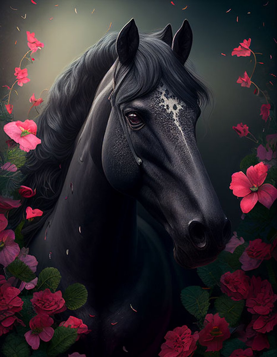 AI - Woondecoratie - Poster - Dieren - Paard - Bloemen en jungle - 26 - 30 x 40 cm
