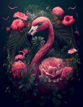AI - Woondecoratie - Poster - Dieren - Flamingo - Bloemen en jungle - 28 - 30 x 40 cm