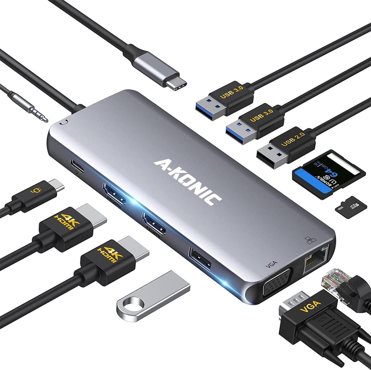 A-KONIC© - 12 in 1 Docking station - USB C Hub - USB Splitter - USB C Dock - HDMI 2x, VGA, SD en USB A 4x, USB c, Ethernet- Grijs