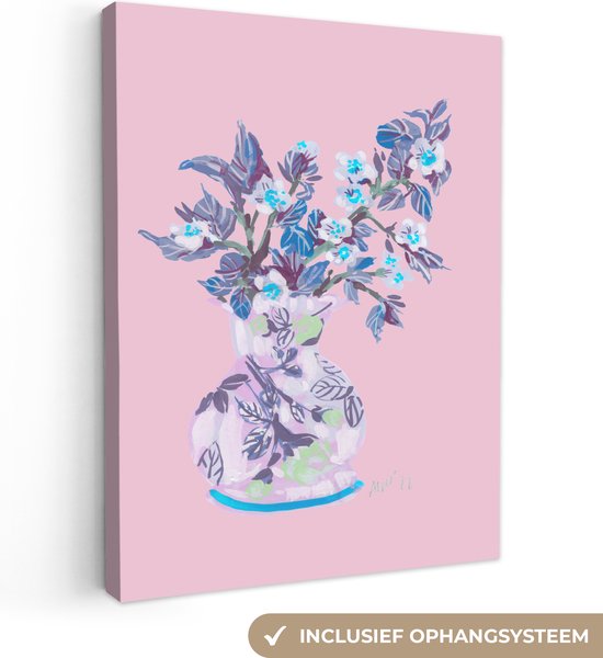Canvas Schilderij Bloemen - Vaas - Roze - Planten - Wanddecoratie