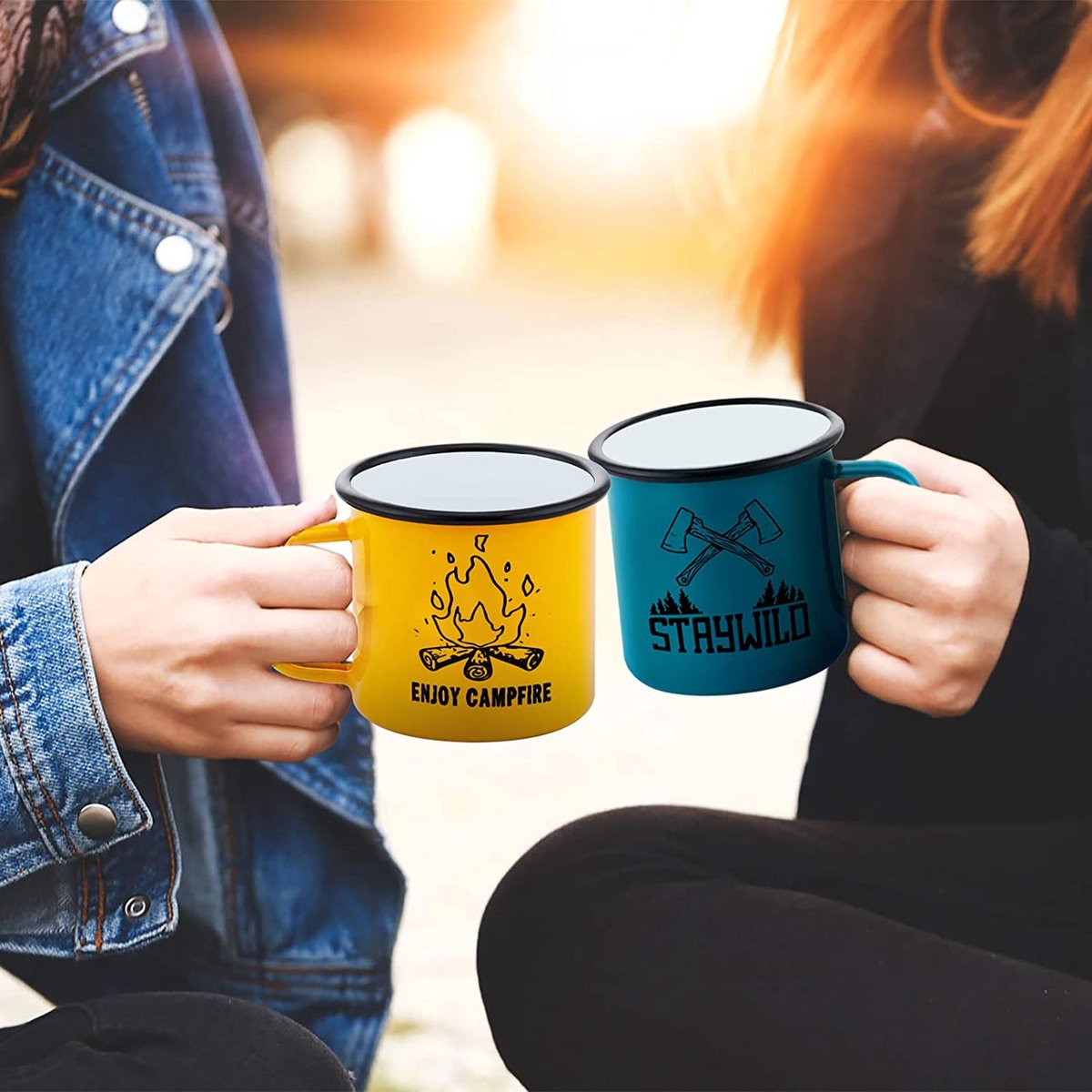 Herogo Emaille mok, emaille camping koffiemok set van 6, wit/zwart/rood/ blauw/groen/geel, retro drink tin mokken bekers voor thuis, tuin, kantoor, reizen, herbruikbaar en draagbaar, 350ml/12oz