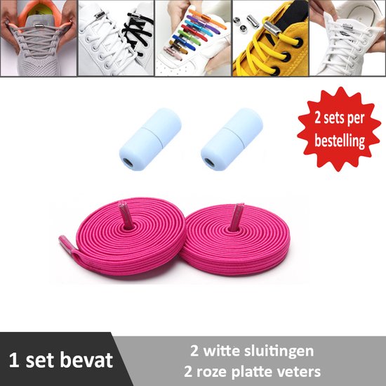 2 paar roze platte elastische veters met witte sluitingen. Je hoeft voortaan nooit meer je veters te strikken.