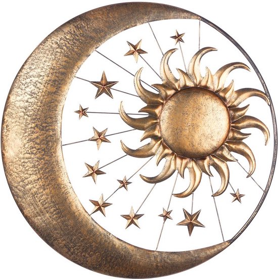 Décoration murale moderne en métal, lune, soleil et étoiles - couleur cuivre doré -71 cm ciel nuit et étoiles