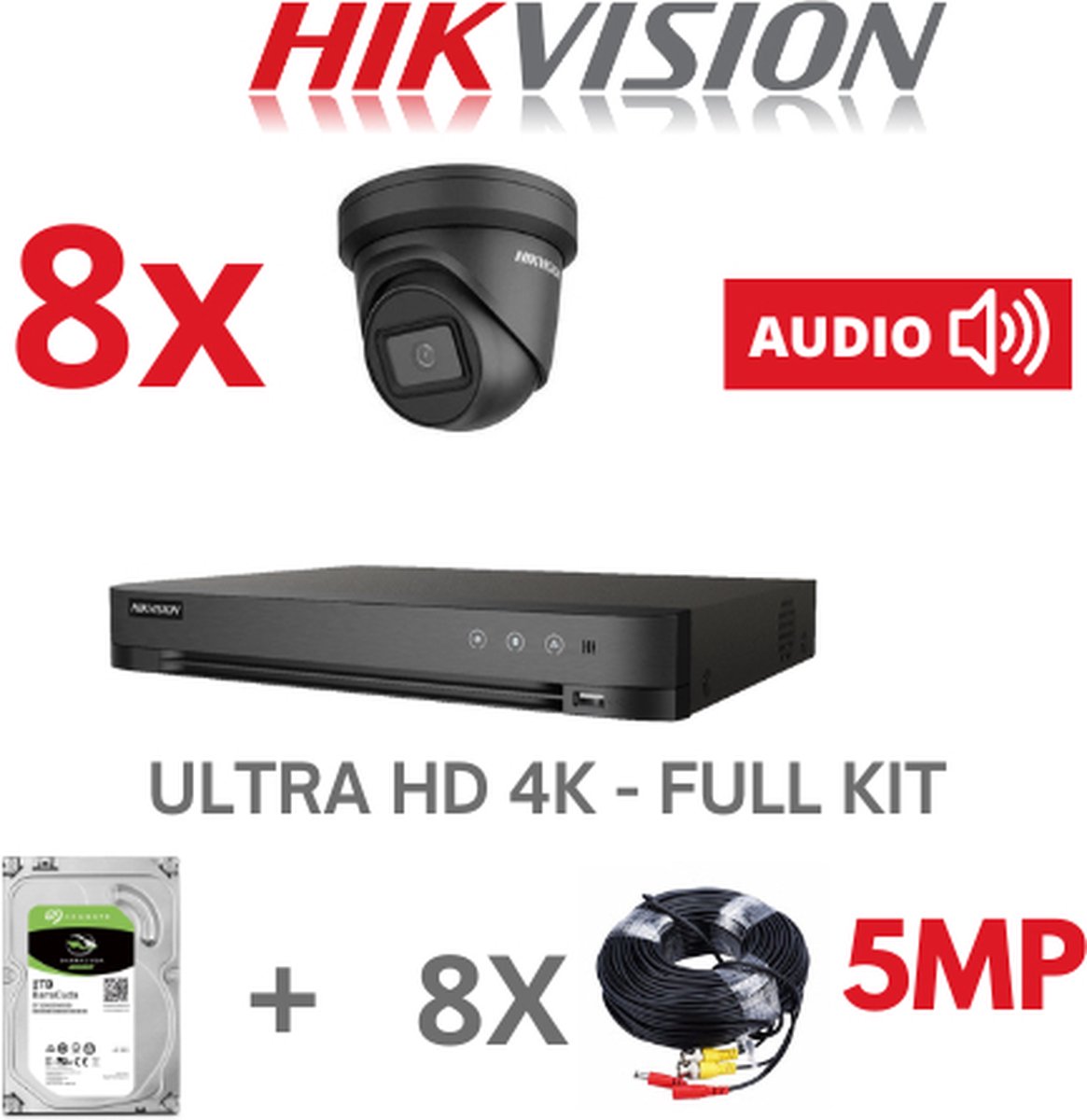 HIKVISION 5 MP AUDIO DVR 8 CH HD Kit - 8x 5MP Turret Camera ZWART- 2TB HDD