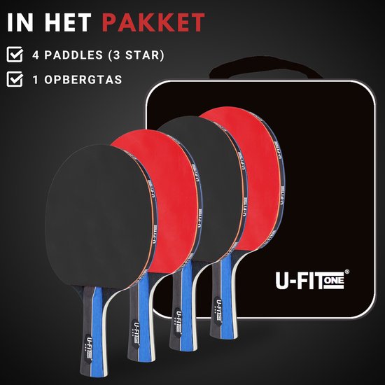 Tafeltennisbatjes in opbergtas: 4 batjes (2 rood, 2 zwart) met blauwe handgrepen.