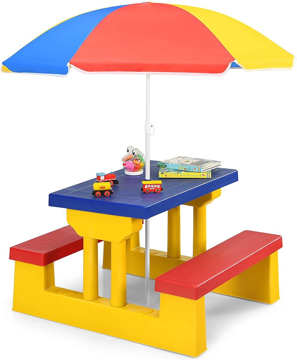 Kinderzitgroep, zitmeubel, kindermeubel met parasol, kindertafel, picknickbank (geel)