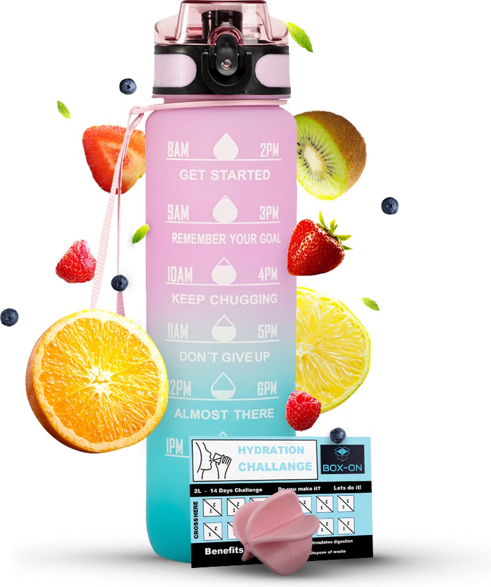Motivatie Waterfles - Met Fruitfilter - Inclusief Shake Bal - Roze Blauw - 1 Liter Drinkfles - Waterfles met tijdmarkering - BPA Vrij - Volwassenen - Kinderen - Met Box-On Hydration Challenge