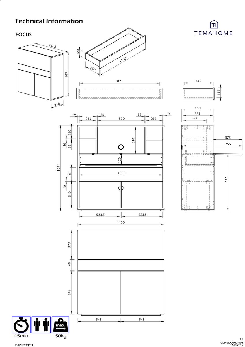 Bureau/meuble de rangement Fox 110cm - blanc/chêne Moderne, Design -  TEMAHOME