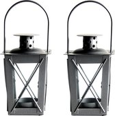 Set van 2x stuks zilveren tuin lantaarn/windlicht van ijzer 7,5 x 7,5 x 11 cm - Tuinverlichting - Kaarsenhouders - Lantaarns