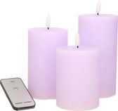 Bougies cylindriques LED Anna's Collection avec télécommande - 3x - violet lilas - 10/12,5/15 cm