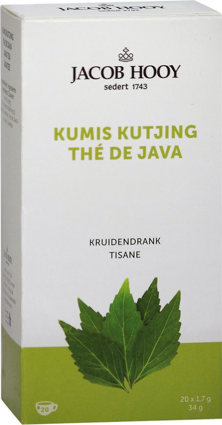 Doos Jacob Hooy Kumis Kutjing thee. Groene blaadjes op de voorkant. Bevat 20 zakjes van 1,7 g.