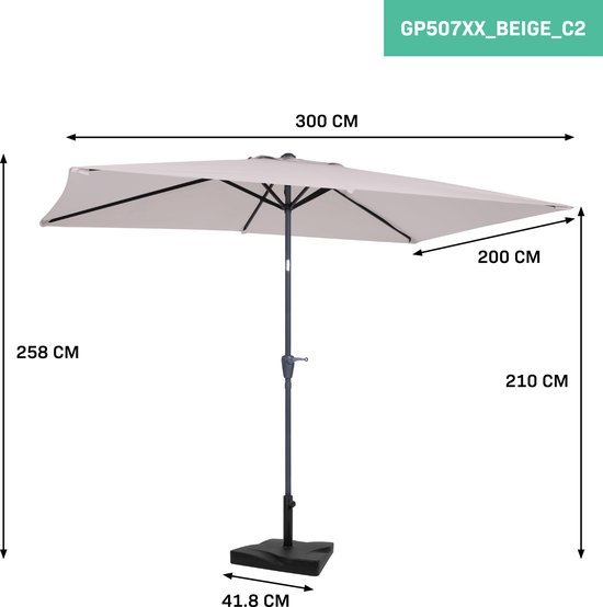 VONROC Premium Parasol Rapallo 200x300cm – Duurzame parasol - combi set incl. parasolvoet van 20 kg - Kantelbaar – UV werend doek - beige – Incl. beschermhoes