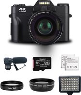 G.P.M Vlog camera voor beginners - WIFI 4K 48MP 16X digitale camera - flipscreen - macro lens - wide lens - externe microfoon - externe ledlicht - 128gb geheugen kaart - 2 batterijen