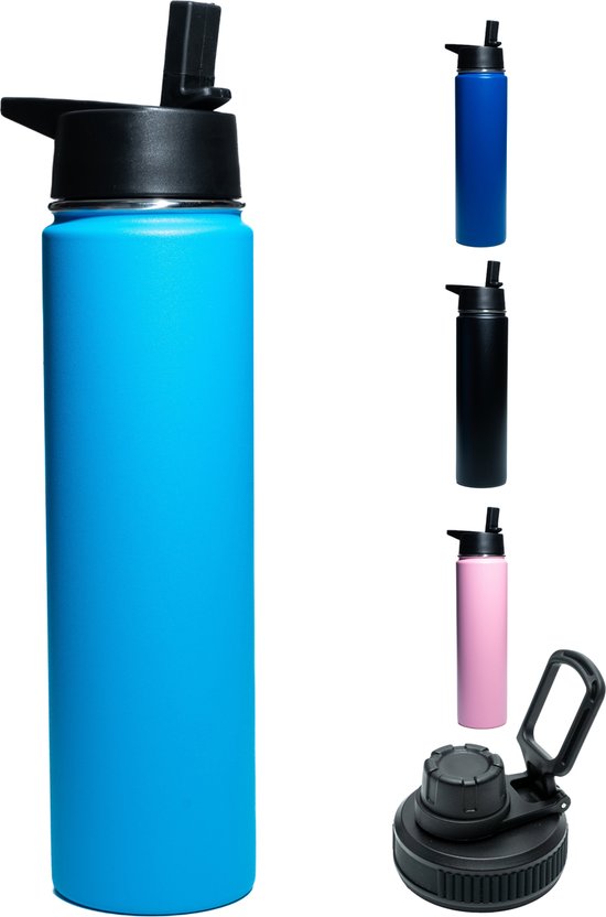 Gourde - Aqua Blue - 700 ML - Bouchon Extra avec paille et bec verseur - Gourde avec paille - Gourde isotherme - Sans BPA - Étanche