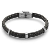 Twice As Nice Armband in edelstaal, zwart leer Zwart 21 cm