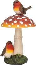 Paddenstoel beeldje met roodborstjes - tuin en huis herfstdecoratie - 16 cm - polyresin - ornament met vogeltjes