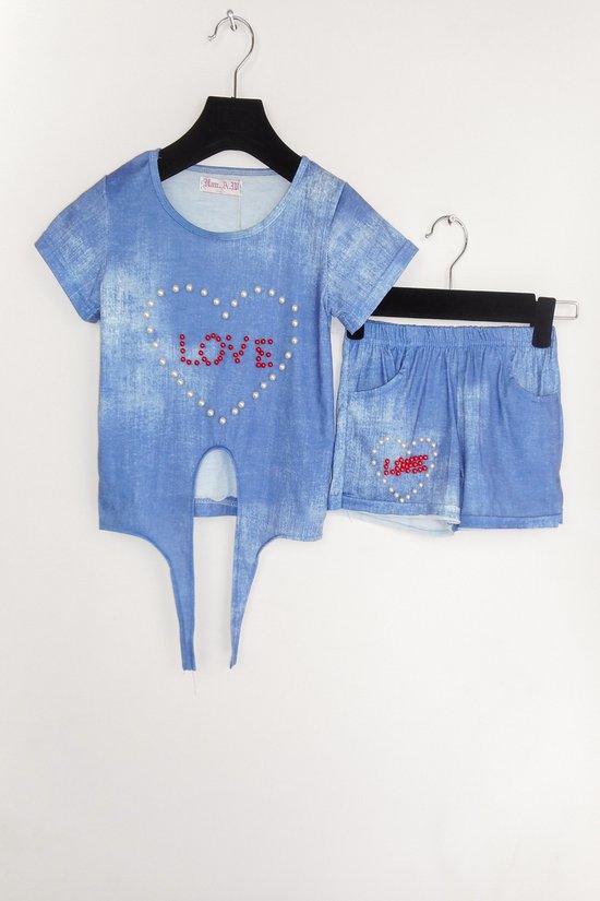 Donker blauw kledingsetje voor kinderen - parels - love - 6 jaar/ 114 cm