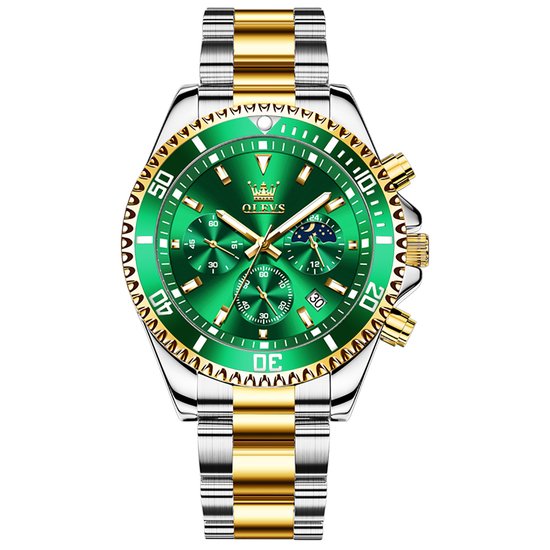 GWS OLEVS Herenhorloge Quartz – RVS Horloge voor mannen – Groen Zilvergoud