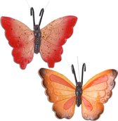 Tuindecoratie bloempothanger vlinder - set 2x - rood/oranjerood - kunststeen - 13 x 10 cm