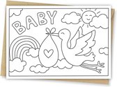 Inkleurkaart Baby - Baby geboren - Geboortekaart - Kinderkaart - Kaarten om zelf in te kleuren - DIY - incl kraft envelop