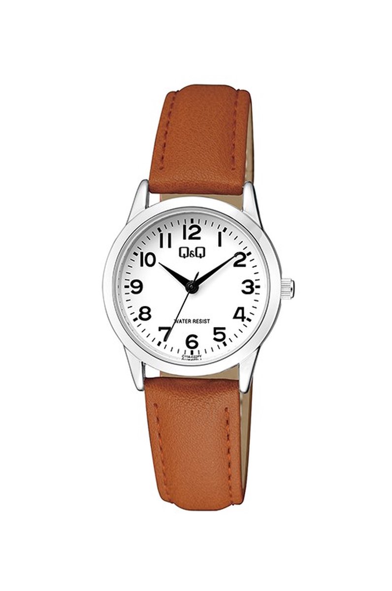QQ C11A-022PY - Horloge - Analoog - Vrouwen - Dames - Leren band - Rond - Metaal - Cijfers - Bruin - Zilverkleurig - Wit - 3 ATM