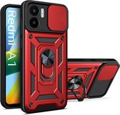 Hoesje met Camera Slider Geschikt voor de Xiaomi Redmi A1 / A2 - Back Cover met Ingebouwde Kickstand Ring - Beschermhoes gemaakt van TPU Rood