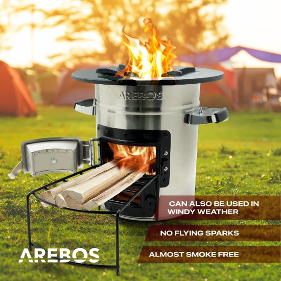 AREBOS Rocket Stove Camping Kachel Met De Draagtas, Gietijzeren Pan En Beschermende Handschoenen 590760498 AREBOS Rocket Stove Camping Kachel Met De Draagtas, Gietijzeren Pan En Beschermende Handschoenen 590760498