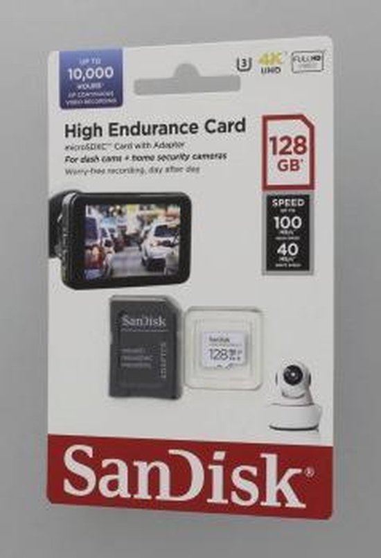 SanDisk High Endurance 128GB microSDXC kaart met adapter, verpakking met dashcam en beveiligingscamera.