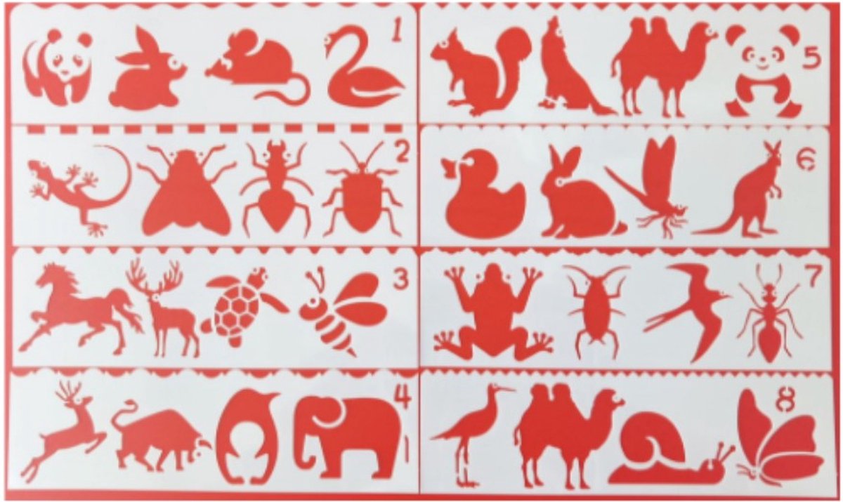 Bullet Journal Plastic Stencils - 8 stuks - Templates - Dieren - Animals - Panda - Konijn - Eekhoorn - Insecten - Paard - Olifant - Slak - Kameel - Stier - Vogel - 5,5 x 18,3cm - Handlettering toolkit - Knutselen - Decoratie - Accessoires
