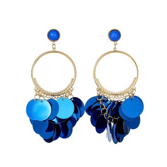 Fliex - oorbellen - chandelier - goudkleurig - pailletten oorbellen - kobaltblauw