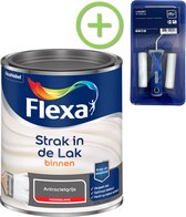 Flexa Strak in de Lak - Watergedragen - Hoogglans - antracietgrijs - 0,75 liter + Flexa Lakroller - 4 delig