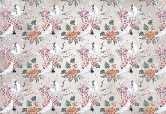 Fotobehang - Vlies Behang - Bloemen en Kraanvogels - 254 x 184 cm