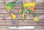 Fotobehang - Vlies Behang - Kleurrijke Wereldkaart op Houten Planken - 416 x 290 cm