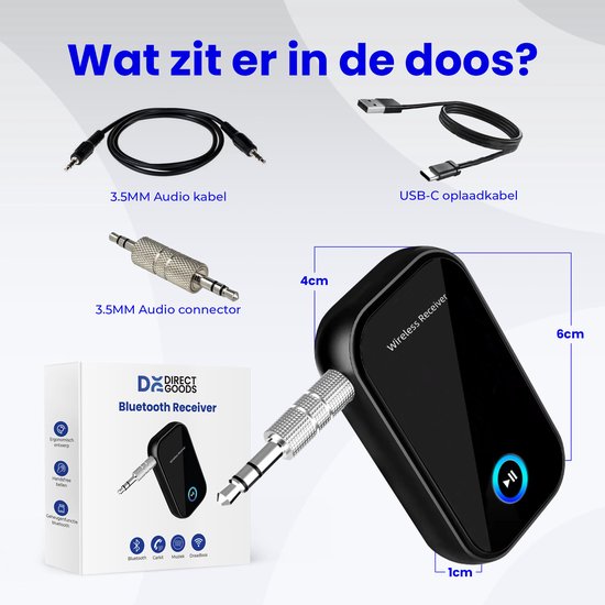 DirectGoods® Bluetooth Receiver - 3.5MM AUX - Bluetooth Ontvanger - Handsfree Bellen - Bluetooth Audio Receiver - Bluetooth Auto via AUX - Incl. Aux Kabel